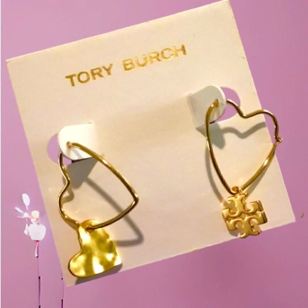 TORY BURCH HEART & LOGO DROP DANGLE EARRINGS 18K GOLD PLATED